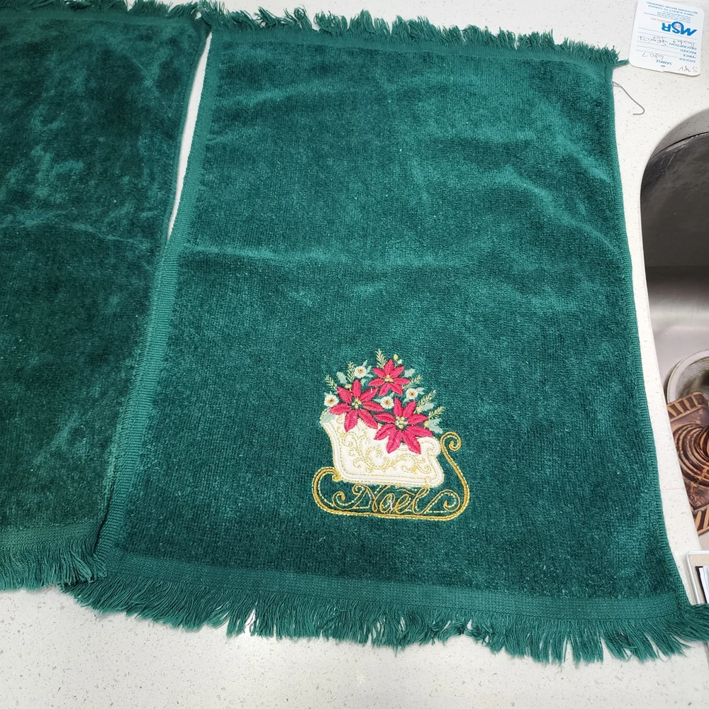 Vintage Green Holiday Hand Towels with Embroidered Sleigh Set Of 2
